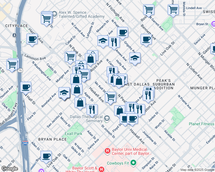 map of restaurants, bars, coffee shops, grocery stores, and more near 1411 North Peak Street in Dallas