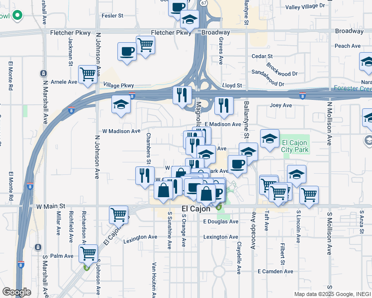 map of restaurants, bars, coffee shops, grocery stores, and more near 151 Wisconsin Avenue in El Cajon