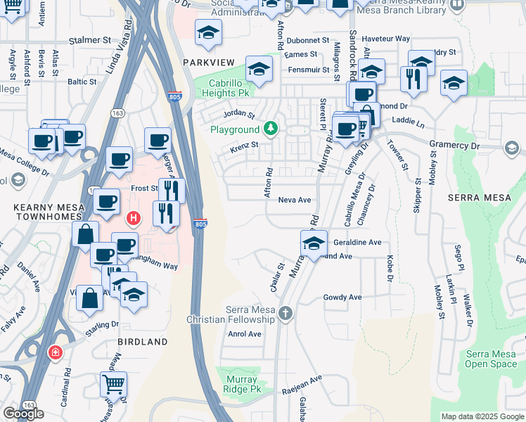 map of restaurants, bars, coffee shops, grocery stores, and more near 8470 Onalaska Avenue in San Diego
