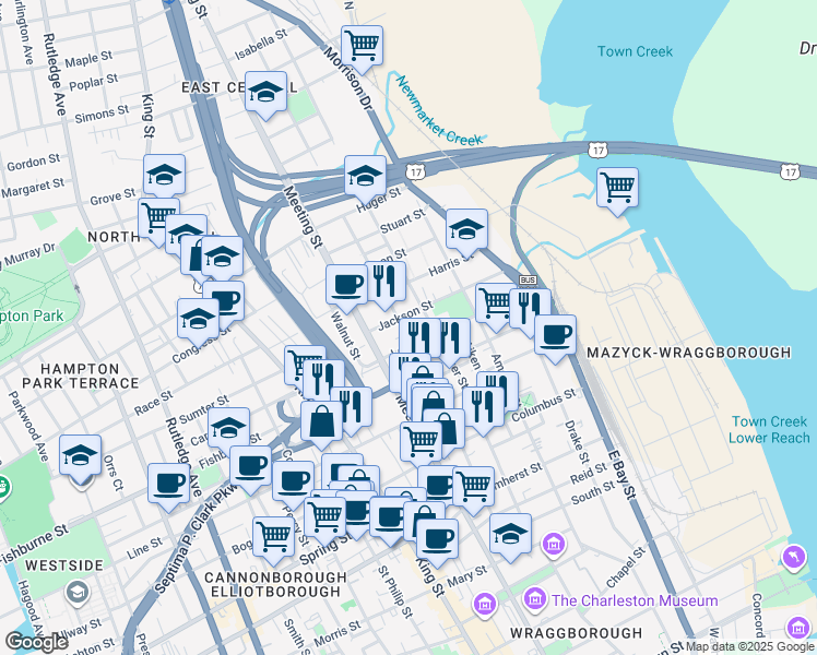 map of restaurants, bars, coffee shops, grocery stores, and more near 201 Nassau Street in Charleston