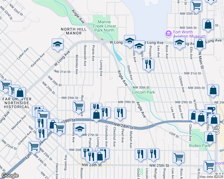 map of restaurants, bars, coffee shops, grocery stores, and more near 2958 Columbus Avenue in Fort Worth