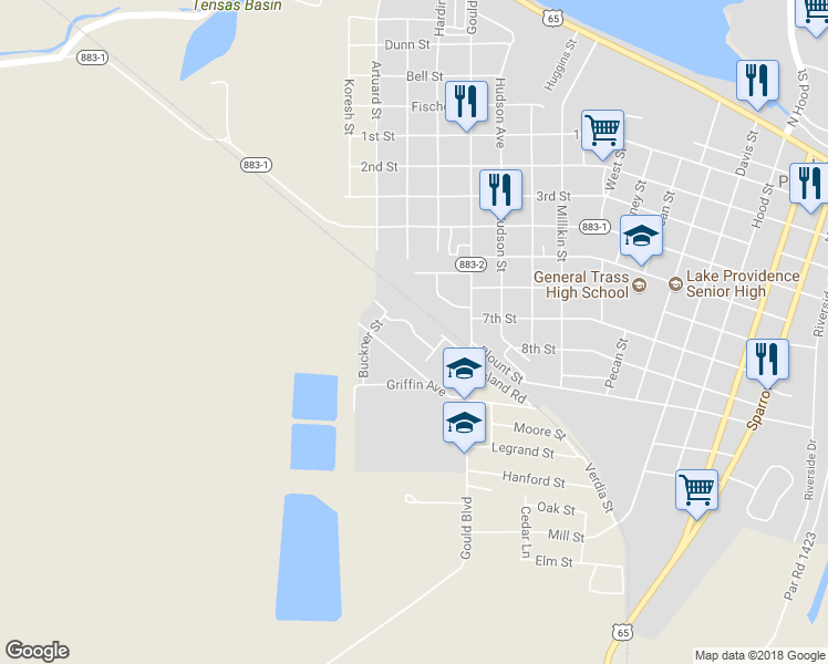 map of restaurants, bars, coffee shops, grocery stores, and more near 122 Voelker Street in Lake Providence