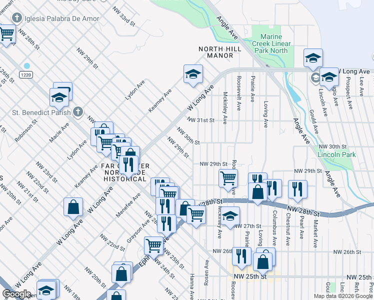 map of restaurants, bars, coffee shops, grocery stores, and more near 2522 Northwest 29th Street in Fort Worth