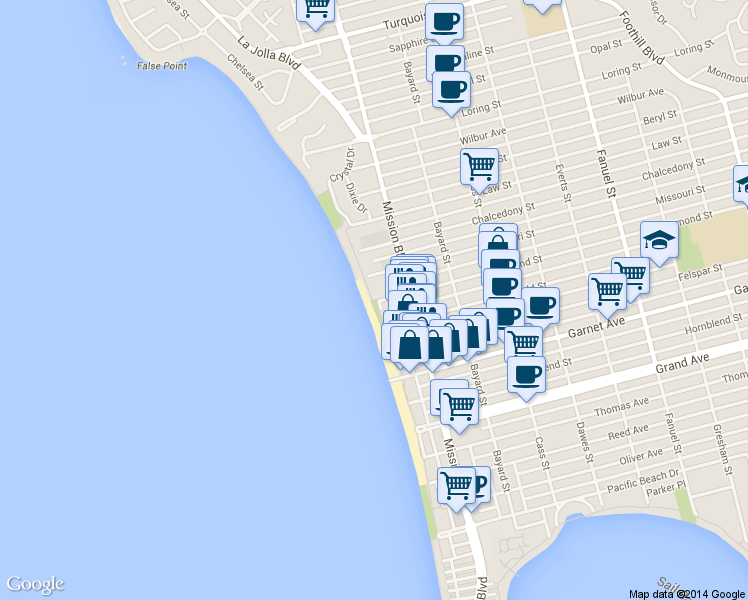map of restaurants, bars, coffee shops, grocery stores, and more near 600 Diamond St in San Diego