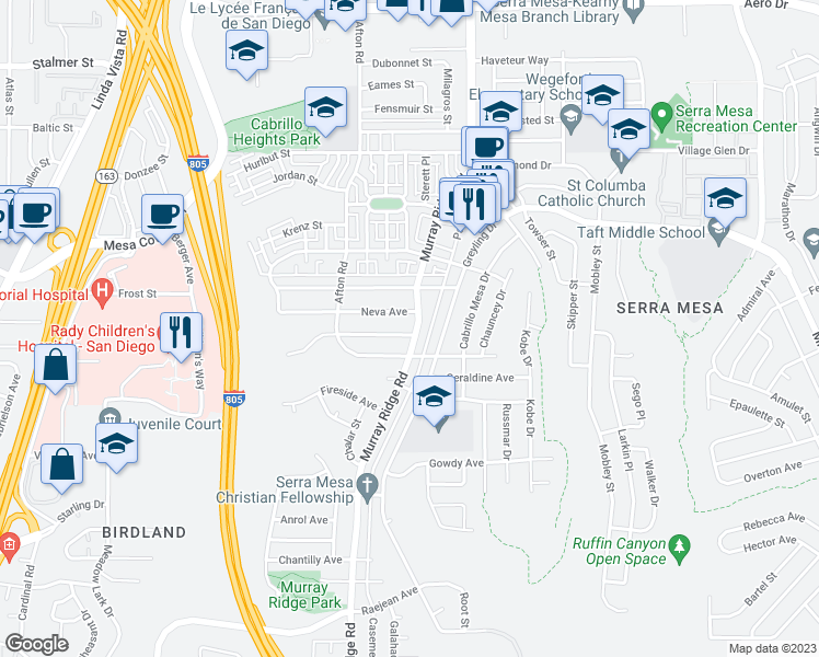 map of restaurants, bars, coffee shops, grocery stores, and more near 8662 Onalaska Avenue in San Diego