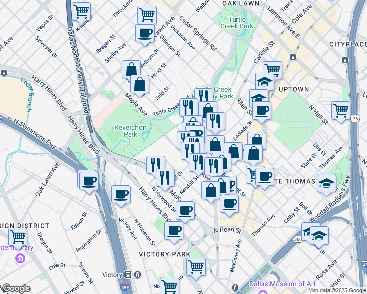 map of restaurants, bars, coffee shops, grocery stores, and more near in Dallas
