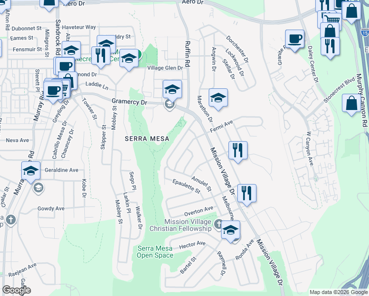 map of restaurants, bars, coffee shops, grocery stores, and more near 9202 Fermi Avenue in San Diego
