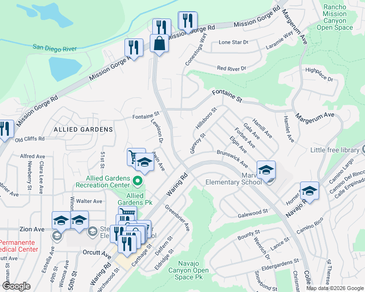 map of restaurants, bars, coffee shops, grocery stores, and more near 5444 Princess View Court in San Diego