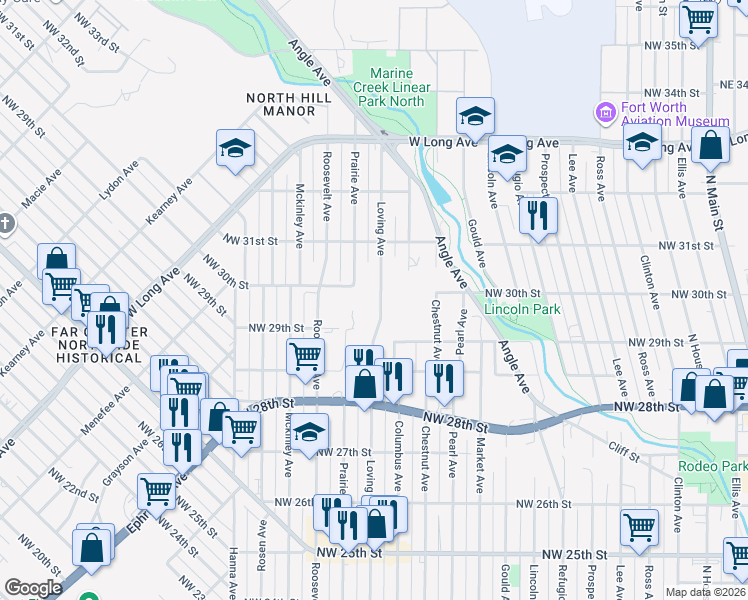 map of restaurants, bars, coffee shops, grocery stores, and more near 2962 Prairie Avenue in Fort Worth