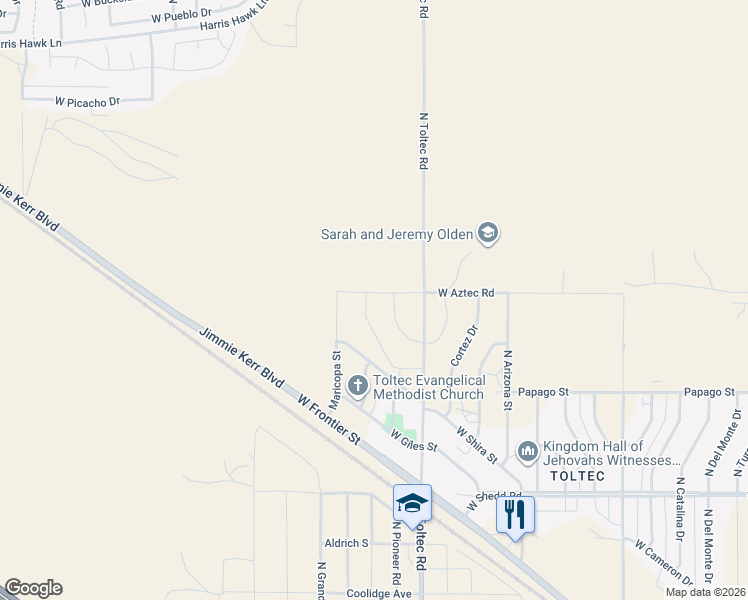 map of restaurants, bars, coffee shops, grocery stores, and more near 4445 North Maverick Drive in Eloy