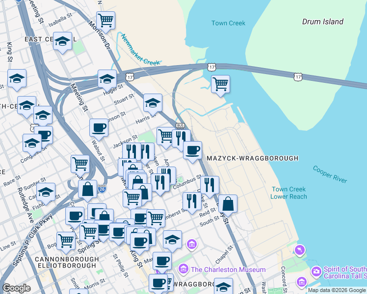 map of restaurants, bars, coffee shops, grocery stores, and more near 5 Cooper Street in Charleston