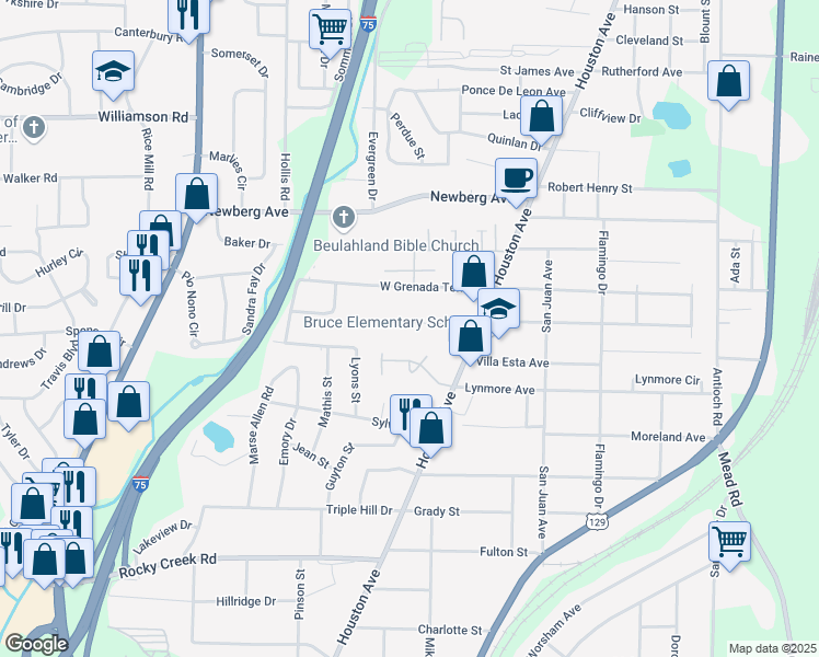 map of restaurants, bars, coffee shops, grocery stores, and more near 952 West Ormond Terrace in Macon