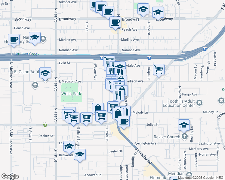 map of restaurants, bars, coffee shops, grocery stores, and more near 377 Shady Lane in El Cajon