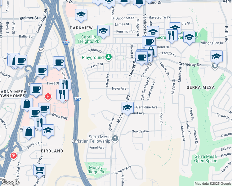 map of restaurants, bars, coffee shops, grocery stores, and more near 8562 Onalaska Avenue in San Diego