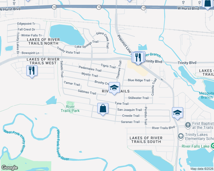 map of restaurants, bars, coffee shops, grocery stores, and more near 8820 Brushy Creek Trail in Fort Worth
