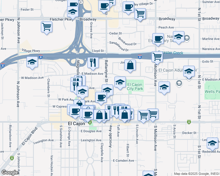 map of restaurants, bars, coffee shops, grocery stores, and more near 389 Ballantyne Street in El Cajon