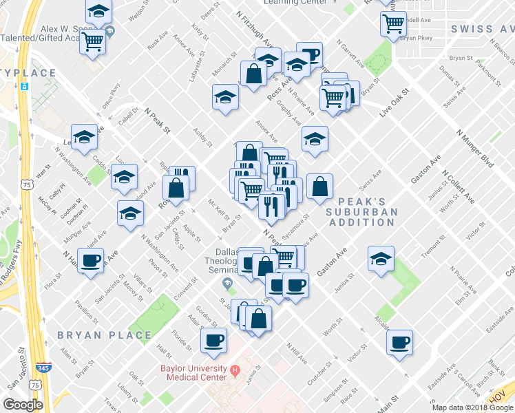 map of restaurants, bars, coffee shops, grocery stores, and more near 4316 Bryan Street in Dallas