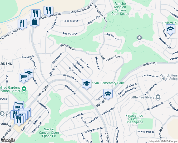 map of restaurants, bars, coffee shops, grocery stores, and more near 5588 Gala Avenue in San Diego