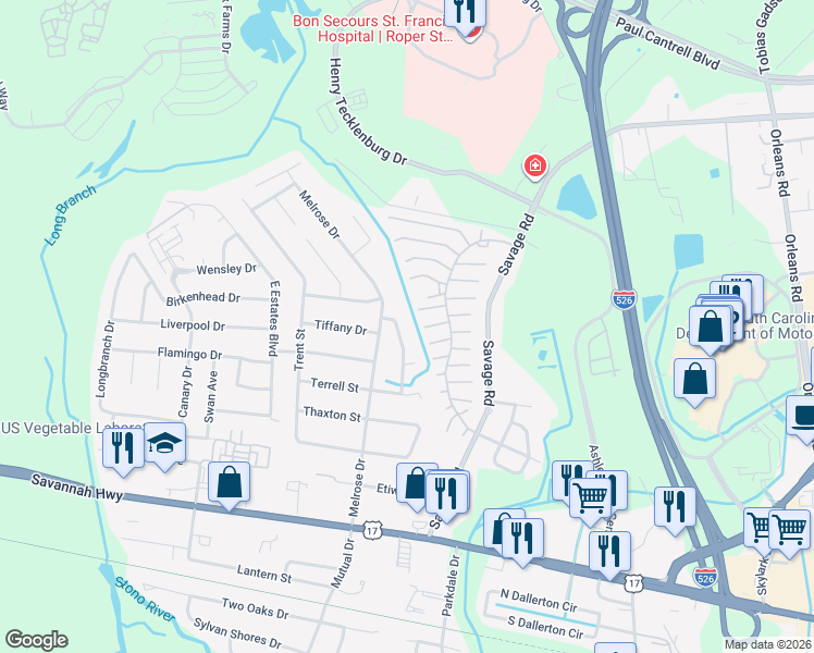 map of restaurants, bars, coffee shops, grocery stores, and more near 832 Williamsburg Lane in Charleston