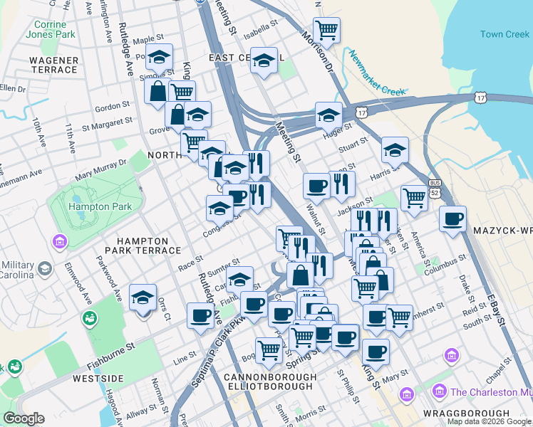 map of restaurants, bars, coffee shops, grocery stores, and more near 30 F Street in Charleston