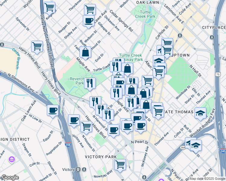 map of restaurants, bars, coffee shops, grocery stores, and more near in Dallas