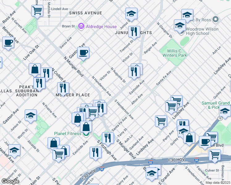 map of restaurants, bars, coffee shops, grocery stores, and more near 5315 Columbia Avenue in Dallas