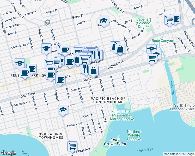 map of restaurants, bars, coffee shops, grocery stores, and more near 1965 Grand Avenue in San Diego