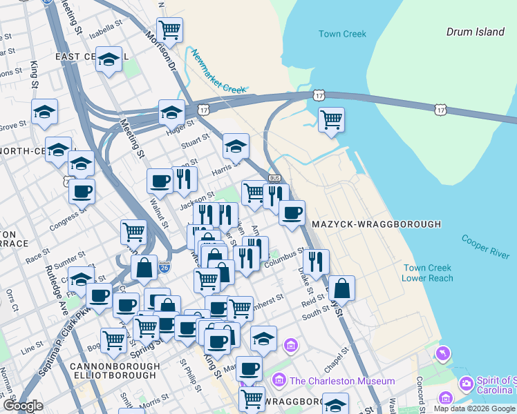 map of restaurants, bars, coffee shops, grocery stores, and more near 33 Cooper Street in Charleston