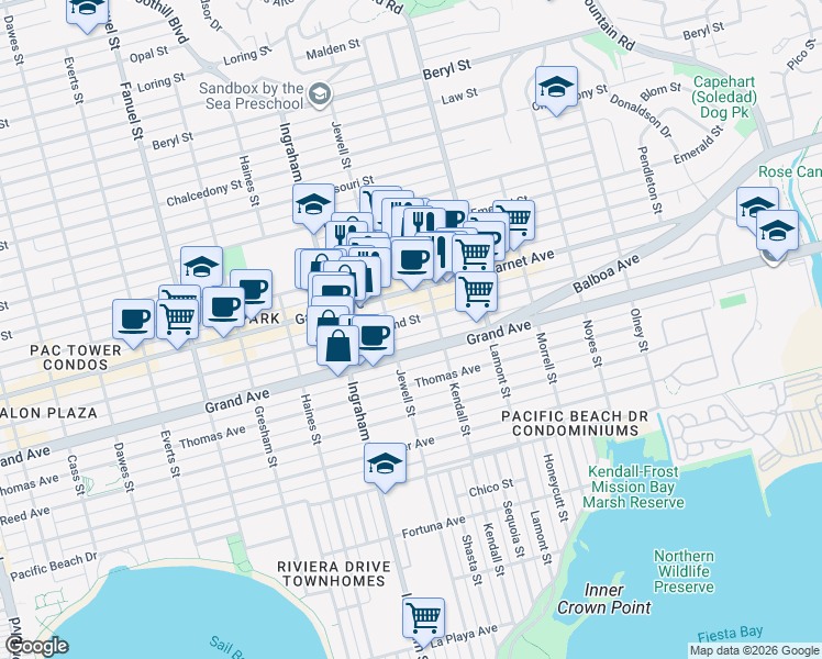 map of restaurants, bars, coffee shops, grocery stores, and more near 1733 Hornblend Street in San Diego