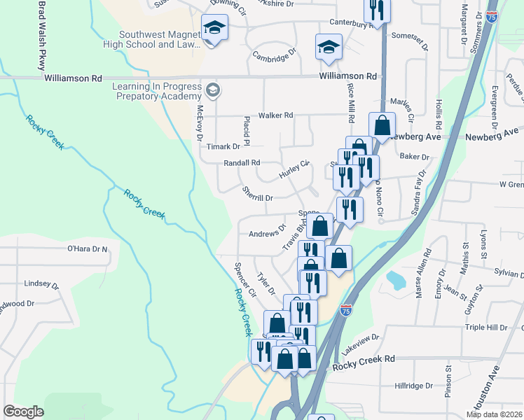 map of restaurants, bars, coffee shops, grocery stores, and more near 3825 Spencer Circle in Macon