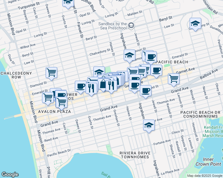 map of restaurants, bars, coffee shops, grocery stores, and more near 1414 Garnet Avenue in San Diego