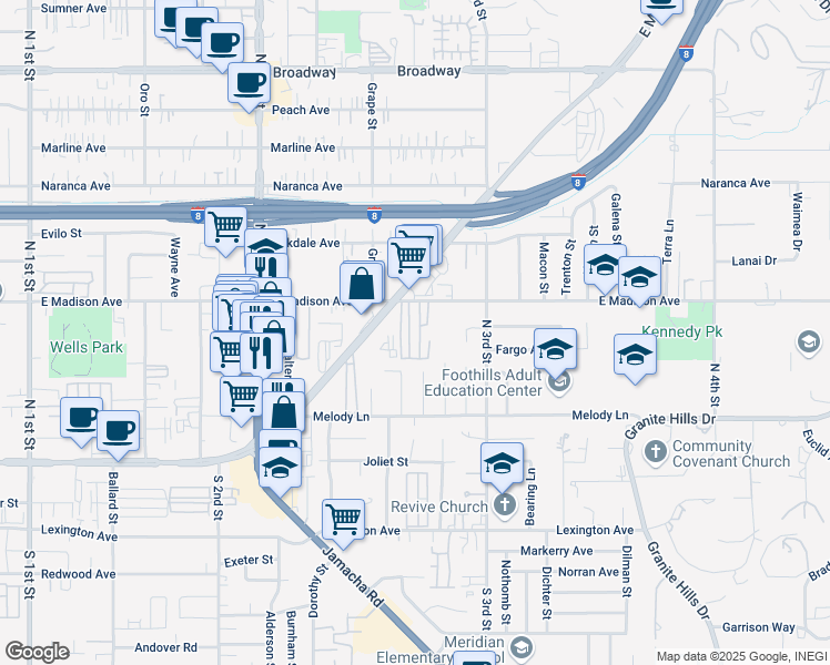 map of restaurants, bars, coffee shops, grocery stores, and more near 1425 East Madison Avenue in El Cajon