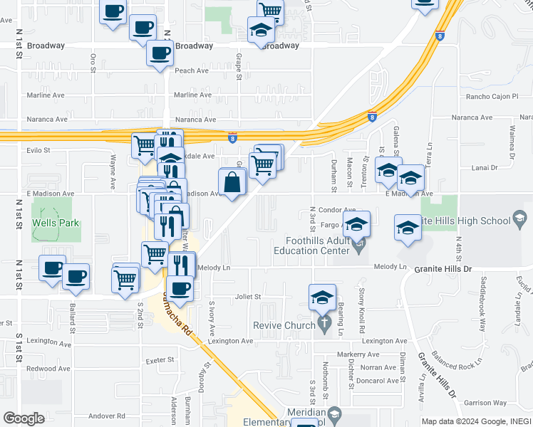map of restaurants, bars, coffee shops, grocery stores, and more near 1425 East Madison Avenue in El Cajon