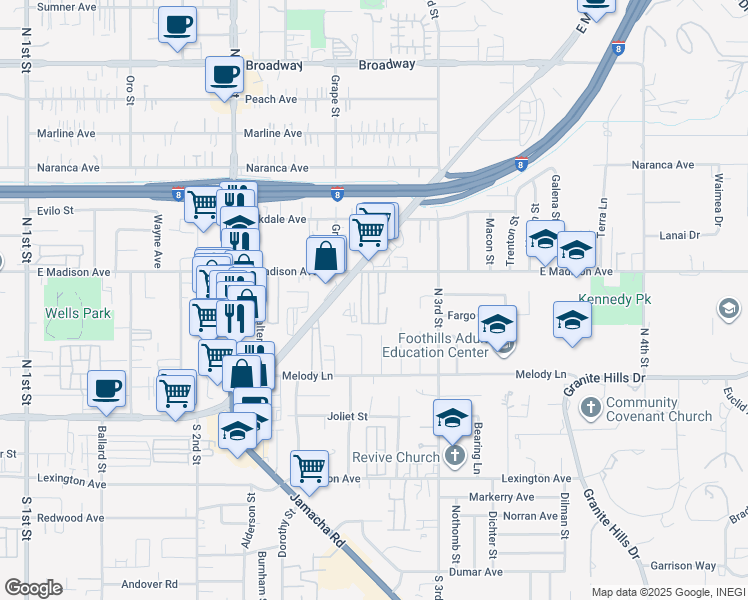 map of restaurants, bars, coffee shops, grocery stores, and more near 1425 East Madison Avenue in El Cajon