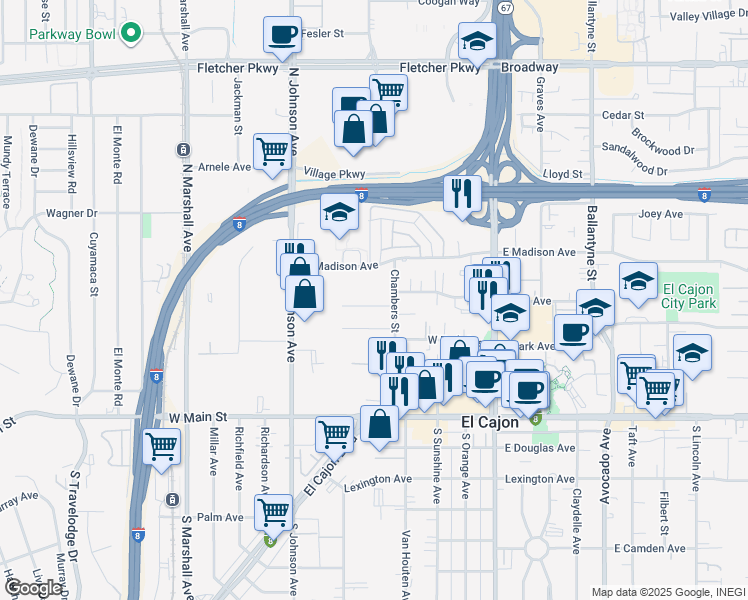 map of restaurants, bars, coffee shops, grocery stores, and more near 436 Gardner Street in El Cajon