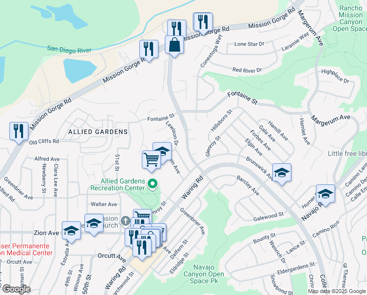 map of restaurants, bars, coffee shops, grocery stores, and more near 6976 Princess View Drive in San Diego