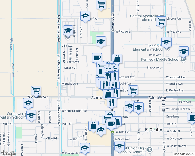 map of restaurants, bars, coffee shops, grocery stores, and more near 1620 West Euclid Avenue in El Centro