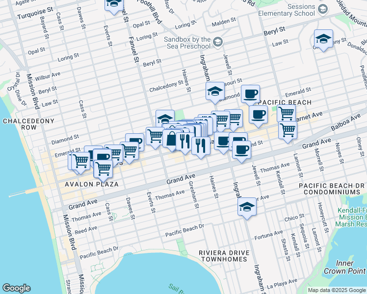 map of restaurants, bars, coffee shops, grocery stores, and more near 1400 Garnet Avenue in San Diego