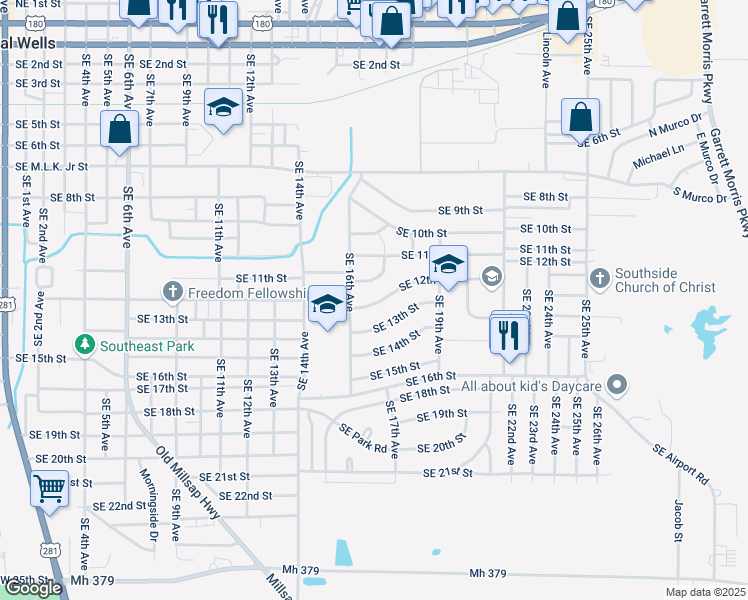 map of restaurants, bars, coffee shops, grocery stores, and more near 1803 Southeast 12th Street in Mineral Wells