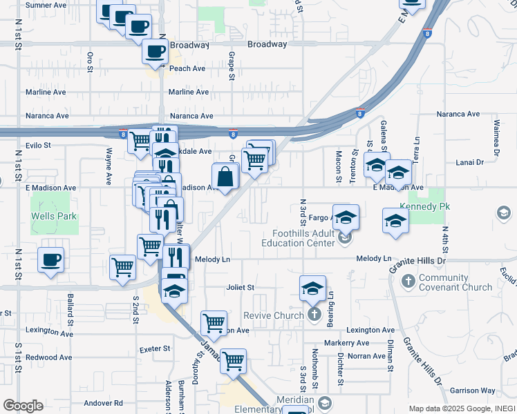 map of restaurants, bars, coffee shops, grocery stores, and more near 1425 East Madison Avenue in El Cajon