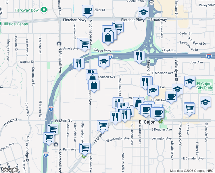 map of restaurants, bars, coffee shops, grocery stores, and more near 490 Gardner Street in El Cajon