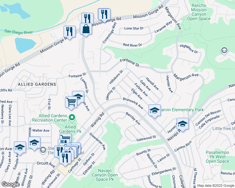 map of restaurants, bars, coffee shops, grocery stores, and more near 5441 Cottage Avenue in San Diego