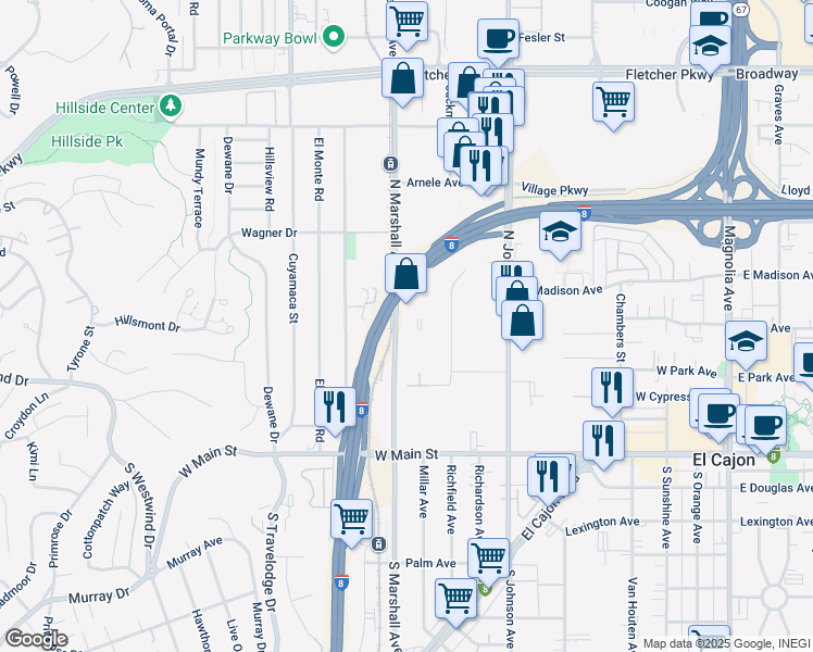 map of restaurants, bars, coffee shops, grocery stores, and more near 425 North Marshall Avenue in El Cajon