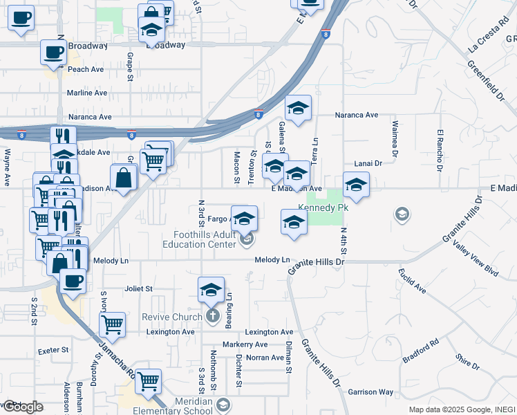 map of restaurants, bars, coffee shops, grocery stores, and more near 1578 Fargo Avenue in El Cajon