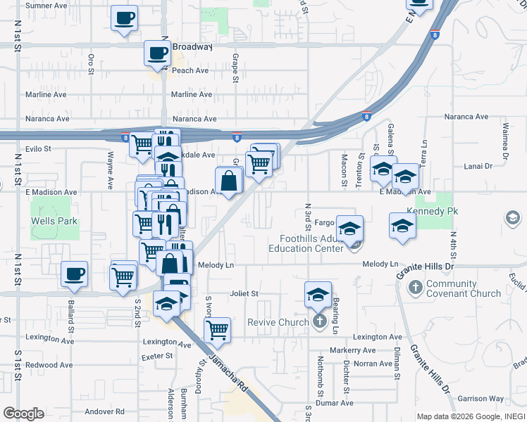 map of restaurants, bars, coffee shops, grocery stores, and more near 1425 East Madison Avenue in El Cajon