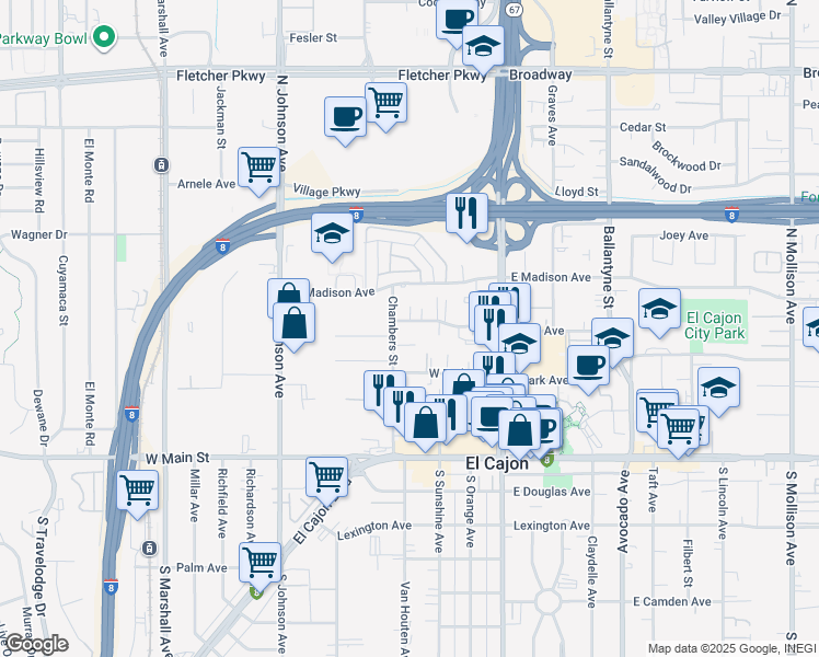 map of restaurants, bars, coffee shops, grocery stores, and more near 333 Wisconsin Avenue in El Cajon