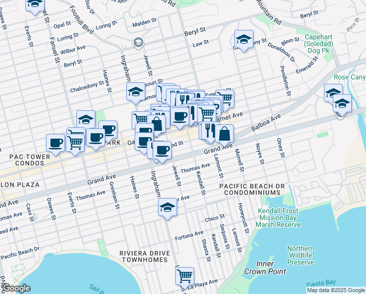 map of restaurants, bars, coffee shops, grocery stores, and more near in San Diego