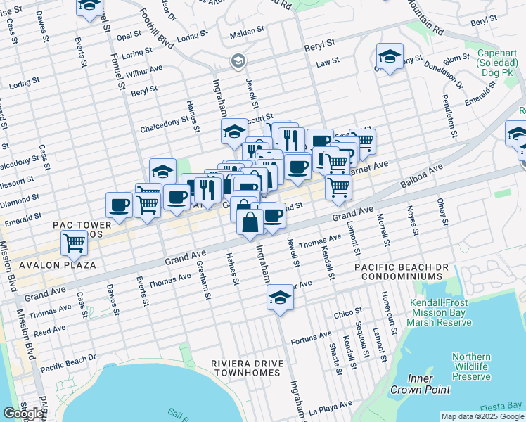 map of restaurants, bars, coffee shops, grocery stores, and more near in San Diego