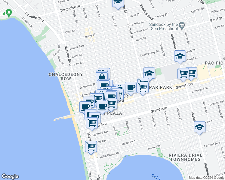 map of restaurants, bars, coffee shops, grocery stores, and more near in San Diego