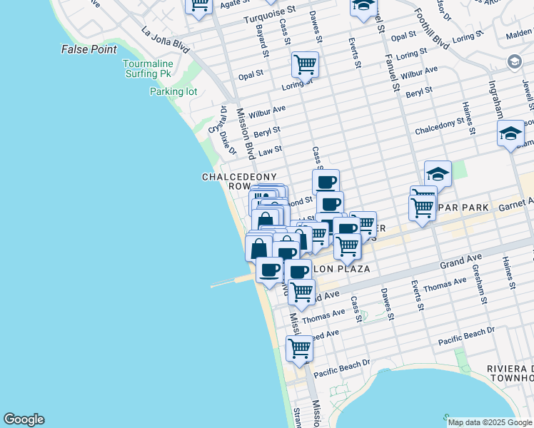 map of restaurants, bars, coffee shops, grocery stores, and more near 4682 Mission Boulevard in San Diego